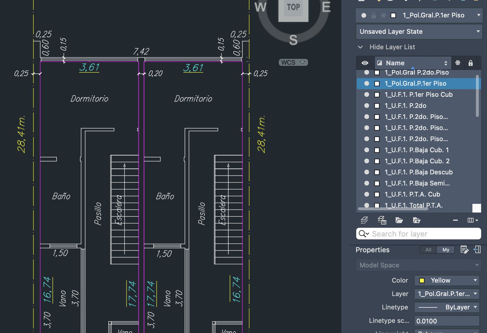El mismo plano en AutoCAD: plantas con cotas y textos, y la capa 1_Pol.Gral.P.1er Piso seleccionada en la lista de capas.