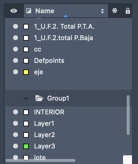 Lista de capas de AutoCAD: arriba, dos capas que empiezan con 1_; debajo, capas comunes como cc, Defpoints, eje, INTERIOR, Layer1 y lote.