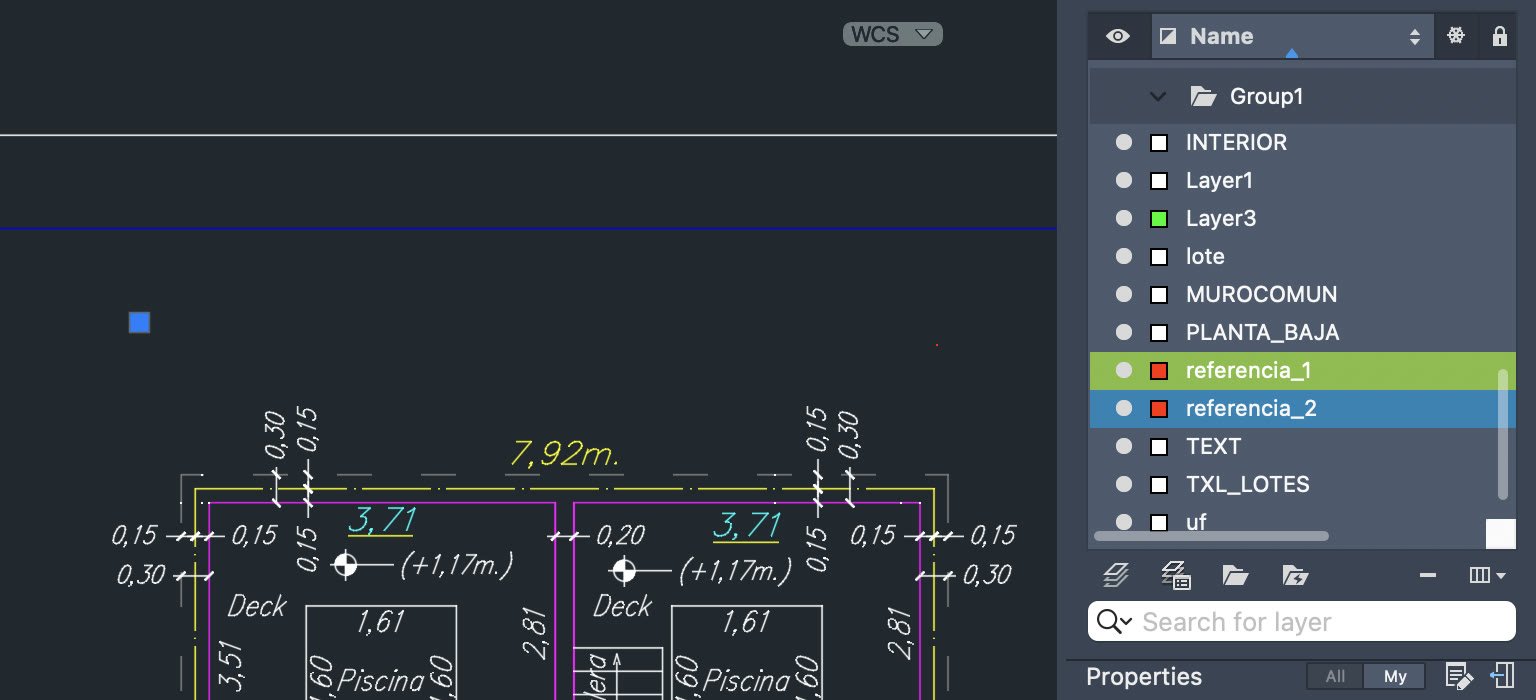 Plano en AutoCAD con dos puntos de referencia arriba de las plantas, y las capas referencia_1 y referencia_2 resaltadas en la lista de capas.